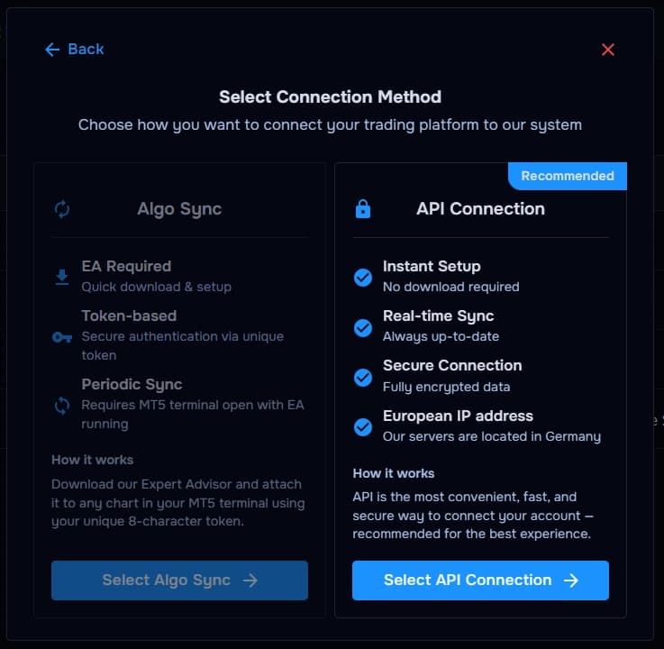 TraderWaves API connection method selection