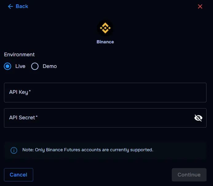 TraderWaves Binance connection confirmed in account list