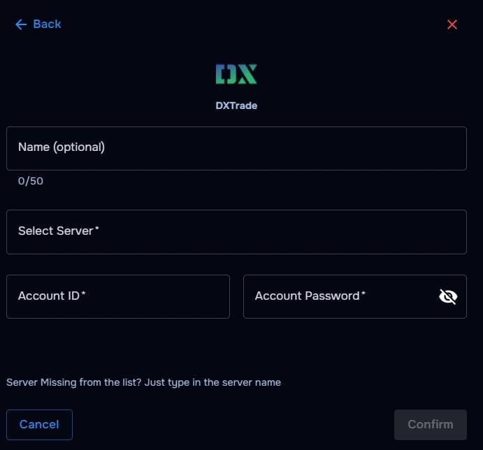 TraderWaves DXTrade connection confirmed in account list