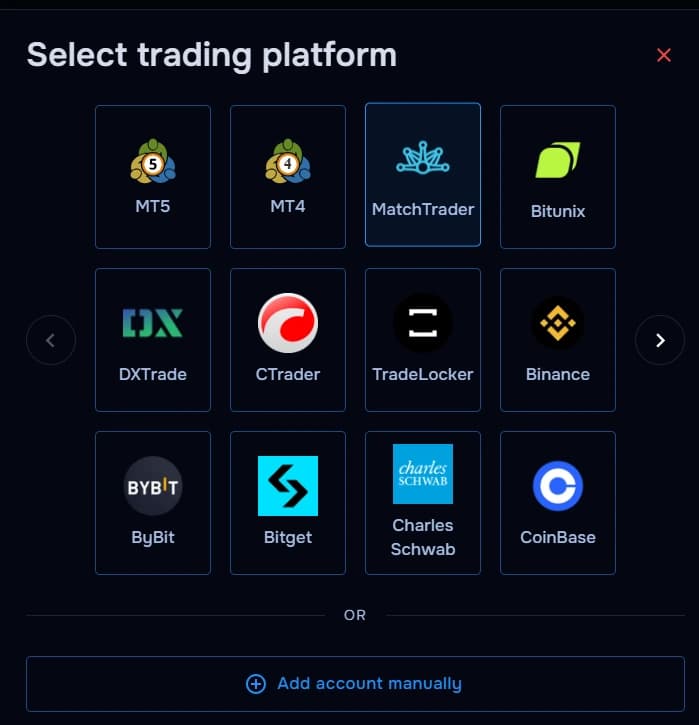 TraderWaves MatchTrader platform selection screen