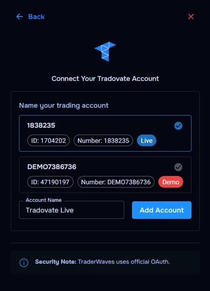 Tradovate OAuth screen to choose which account to connect
