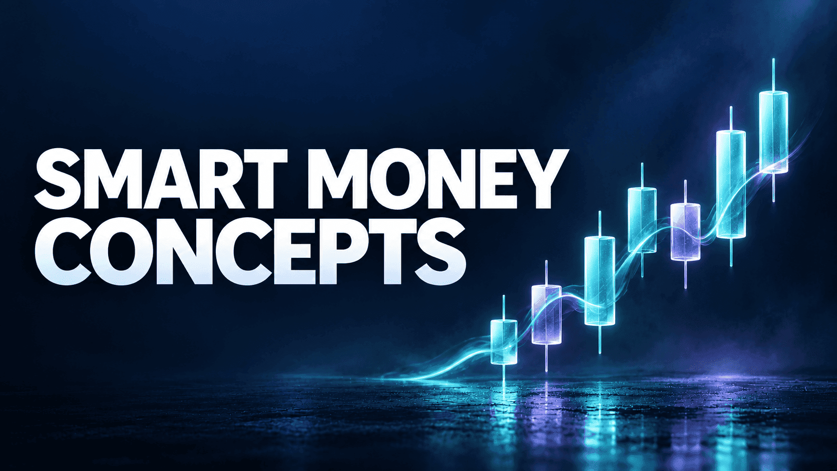 Smart Money Concepts title beside a rising sequence of glowing candlesticks