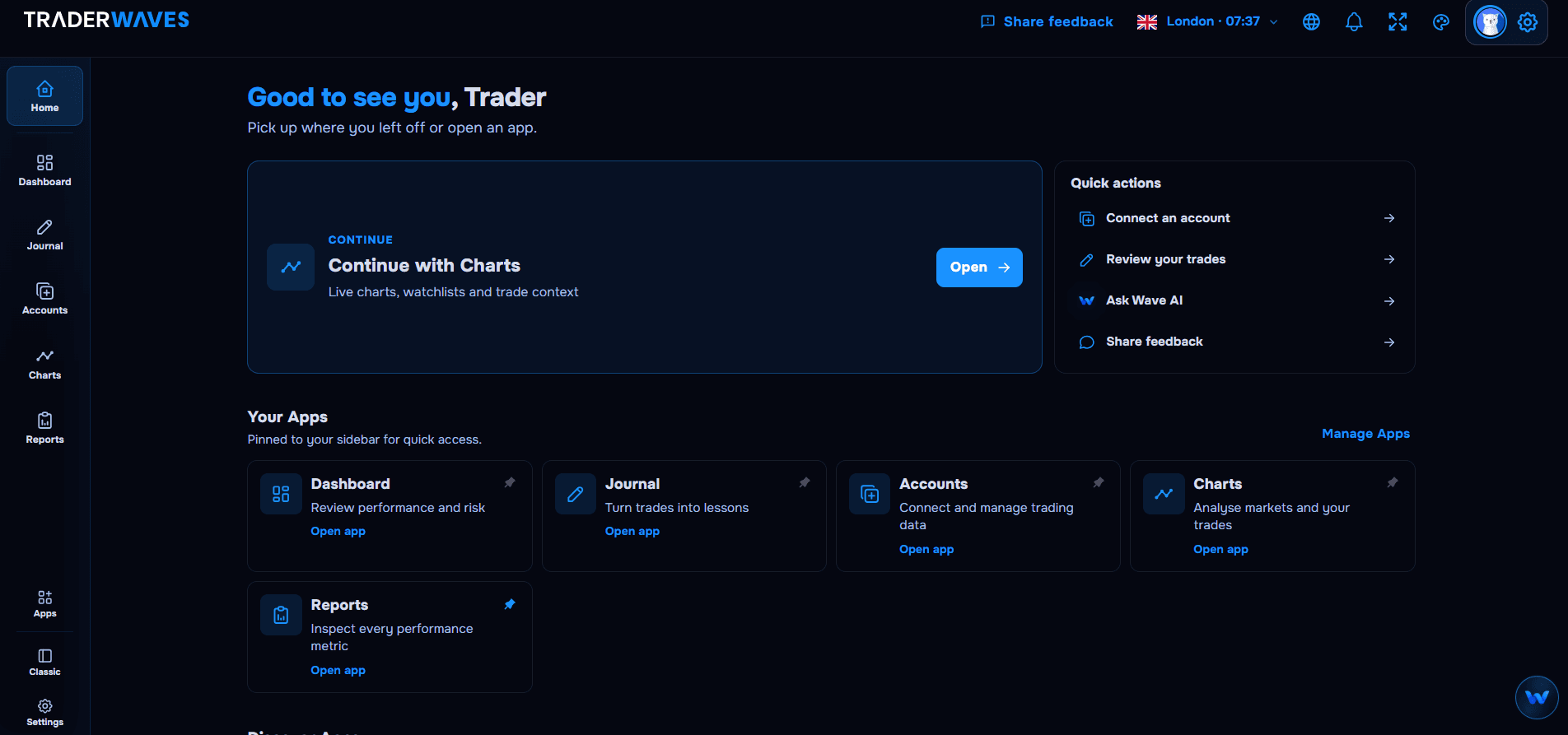 TraderWaves Home hub showing pinned apps, continue with charts, and quick actions including Wave AI and share feedback