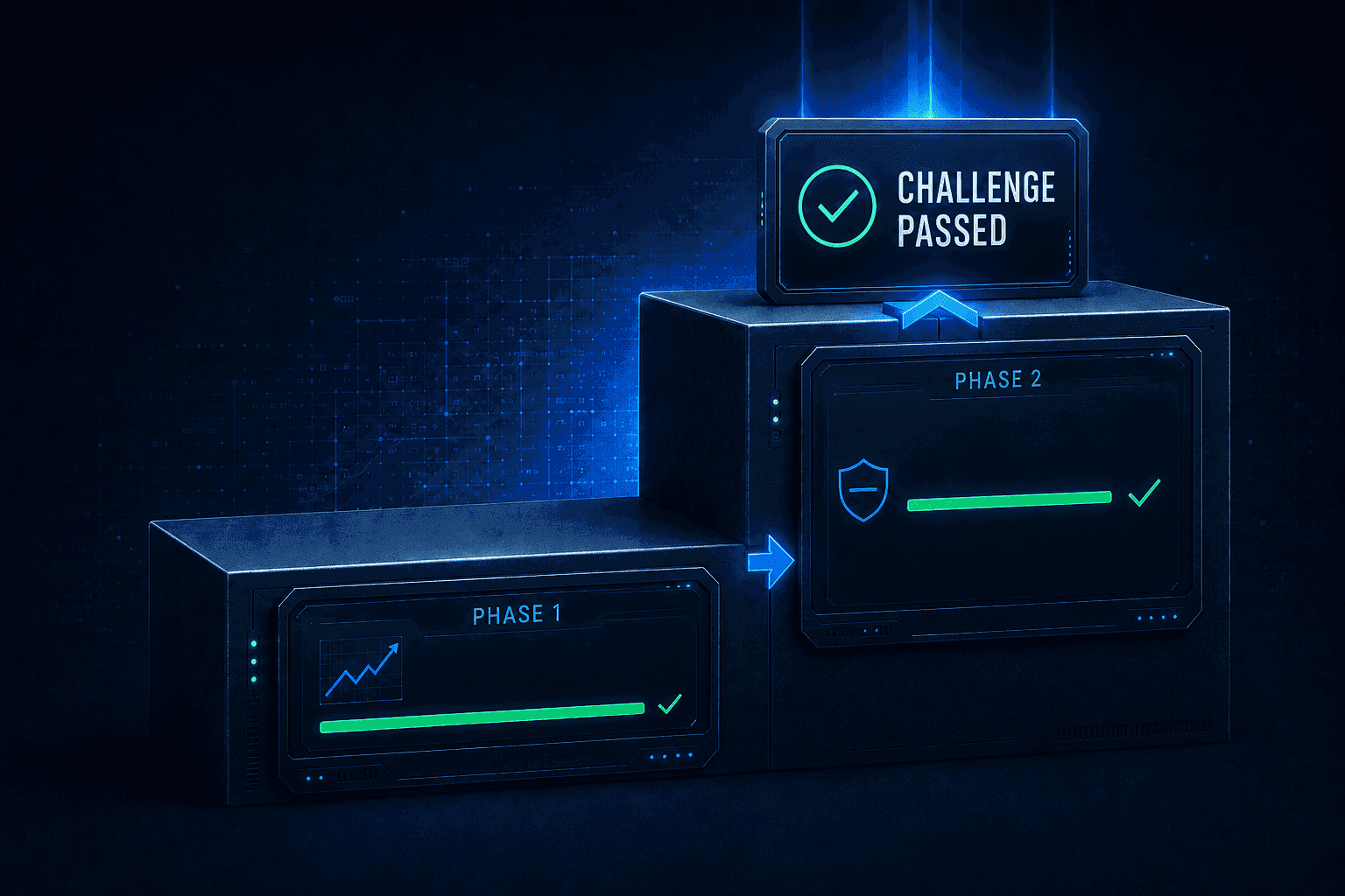 Illustration of a two-phase prop firm challenge, with Phase 1 and Phase 2 complete and a Challenge Passed badge