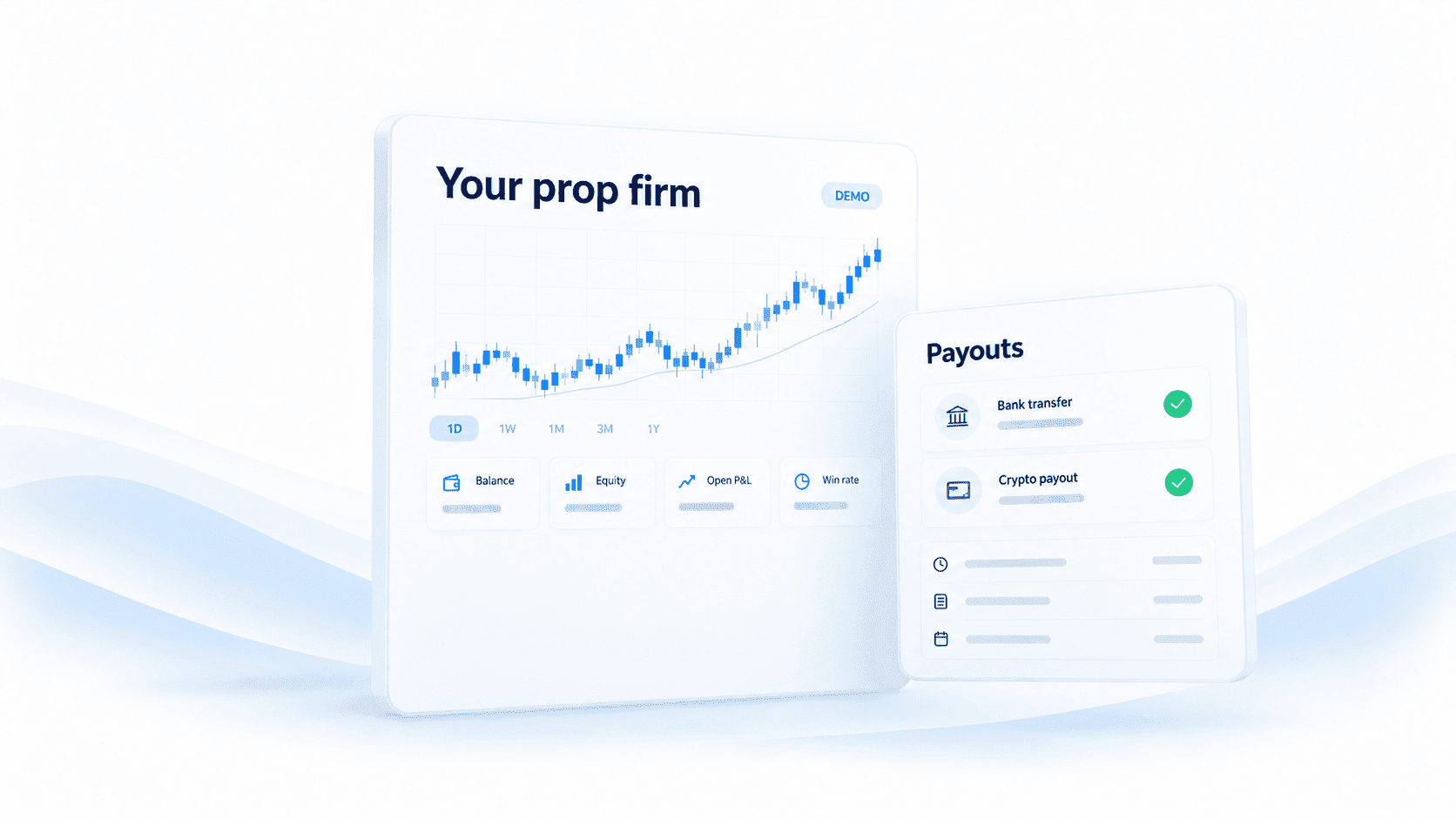 A prop firm dashboard titled Your prop firm, with a rising candlestick chart and a payouts panel for bank transfer and crypto payout