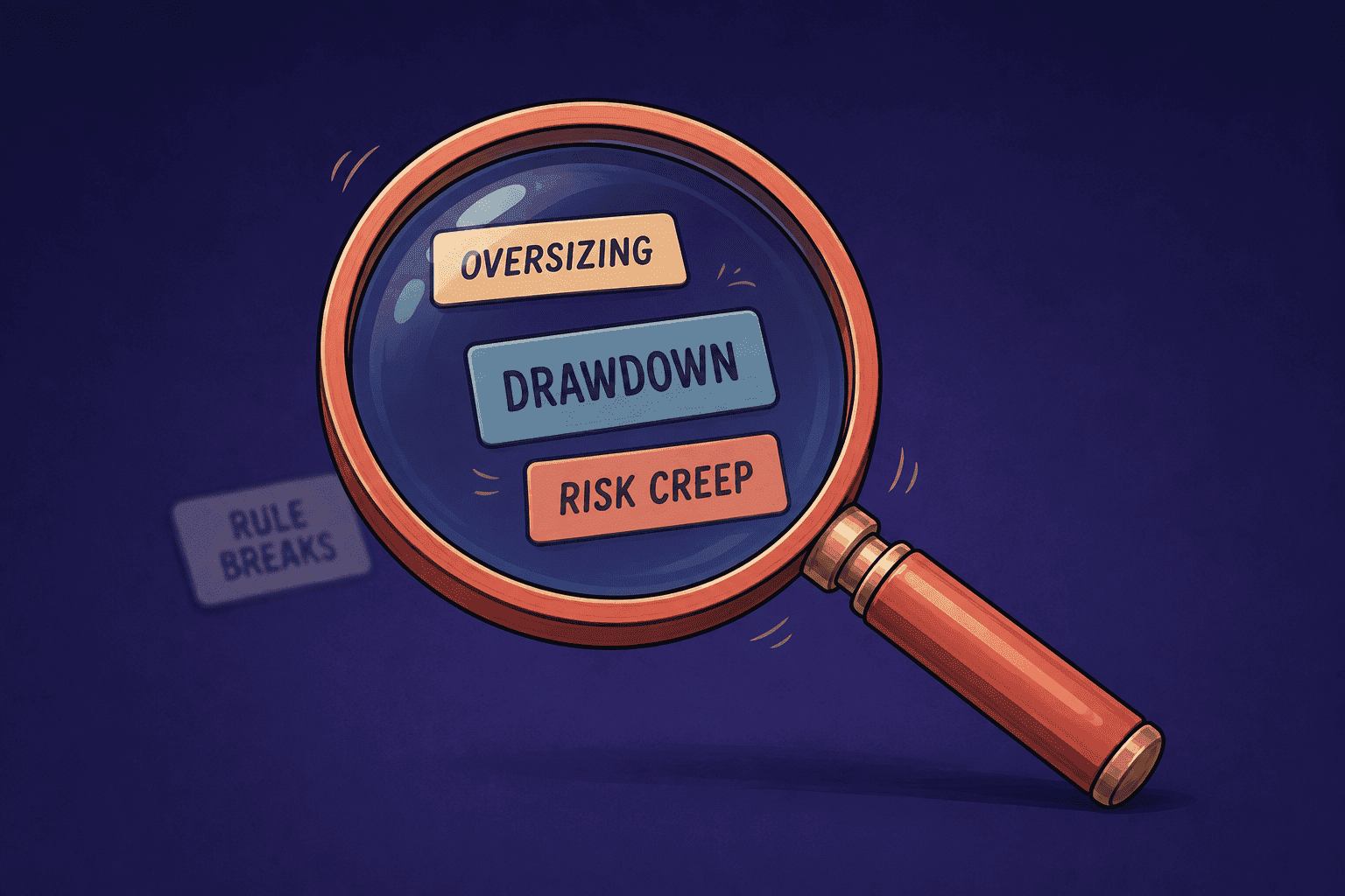 Magnifying glass highlighting trading risk problems including oversizing, drawdown, risk creep and rule breaks